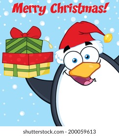 Merry Christmas With Penguin Cartoon Mascot Character Holding Up A Stack Of Gifts