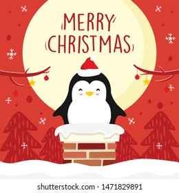 Merry Christmas Penguin Cartoon Vector Graphic Illustration - Cute Penguin in Chimney Funny Greeting Cards Red Background - Full Moon Xmas Vector
