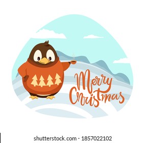 Merry Christmas penguin with cup of coffee scenery behind vector. Animal wearing warm knitted sweater with pine tree print, hill and snowy weather outdoors