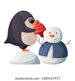 Сute merry christmas penguin decorates a snowman with a hat. Happy penguins mascot celebrate new year. Сharacter bird for xmas greeting gift tag, card, postcard. Winter is coming, warm wishes.
