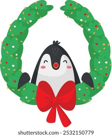 Merry christmas penguin in green wreath. Greeting holiday card character