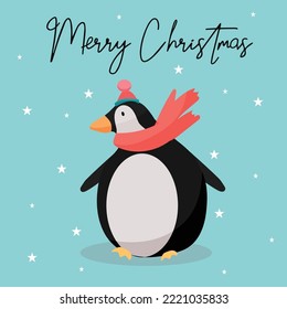 Merry Christmas penguin greeting card. Winter holidays