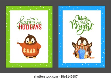 Merry Christmas penguin happy with presents posters set with greeting text vector. Animal wearing sweater with pine trees, gift in box with ribbon