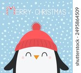 Merry Christmas. Penguin head face. Red hat. Happy New Year. Cute cartoon kawaii baby character. Funny smiling face. Arctic animal. Flat design. Hello winter. Blue snow background. Vector illustration