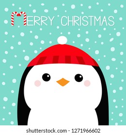 Merry Christmas. Penguin head face. Red hat. Happy New Year. Cute cartoon kawaii baby character. Arctic animal. Flat design. Hello winter. Blue snow background. Vector illustration
