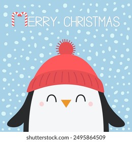 Merry Christmas. Penguin head face. Red hat. Happy New Year. Cute cartoon kawaii baby character. Funny smiling face. Arctic animal. Flat design. Hello winter. Blue snow background. Vector illustration