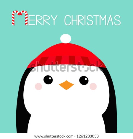 Merry Christmas. Penguin head face. Red hat. Happy New Year. Cute cartoon kawaii baby character. Arctic animal. Flat design. Hello winter. Blue background. Vector illustration