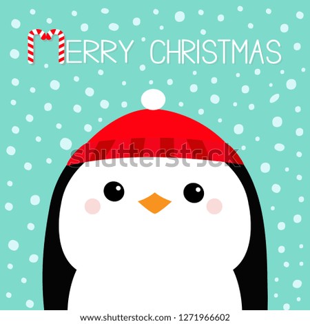 Merry Christmas. Penguin head face. Red hat. Happy New Year. Cute cartoon kawaii baby character. Arctic animal. Flat design. Hello winter. Blue snow background. Vector illustration