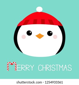 Merry Christmas. Penguin round head face icon. Red hat. Happy New Year. Cute cartoon kawaii baby character. Arctic animal. Flat design. Hello winter. Blue background. Vector illustration