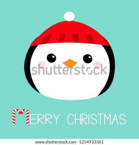 Merry Christmas. Penguin round head face icon. Red hat. Happy New Year. Cute cartoon kawaii baby character. Arctic animal. Flat design. Hello winter. Blue background. Vector illustration