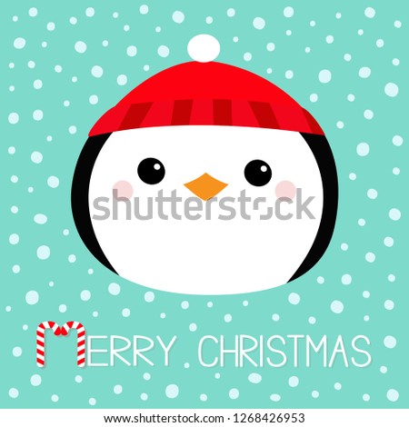 Merry Christmas. Penguin round head face icon. Red hat. Happy New Year. Cute cartoon kawaii baby character. Arctic animal. Flat design. Hello winter. Blue snow background. Vector illustration