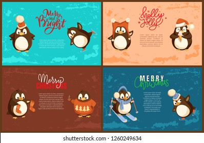 Merry Christmas penguin with scarf skiing character vector. Poster with animal wearing warm clothes. Celebration of winter holiday xmas preparation