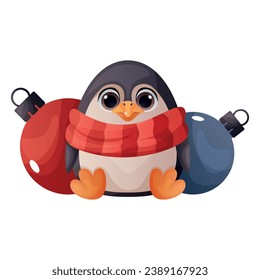 Сute merry christmas penguin sitting with bright balls. Happy penguins mascot celebrate new year. Сharacter bird for xmas greeting gift tag, card, postcard. Winter is coming, warm wishes.