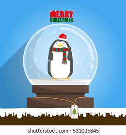 Merry Christmas penguin in snow globe on blue background. Snow flake falling inside.