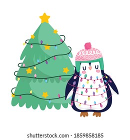 merry christmas, penguin with tangled lights and tree celebration icon isolation vector illustration