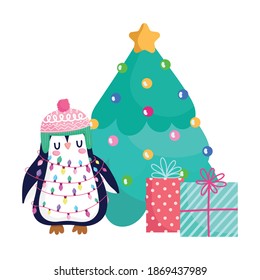 merry christmas, penguin with tree and gifts celebration icon isolation vector illustration