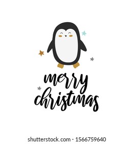 Merry Christmas penguin vector print, kids vector illustration 