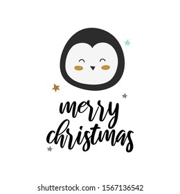 Merry Christmas penguin vector print, kids vector illustration 