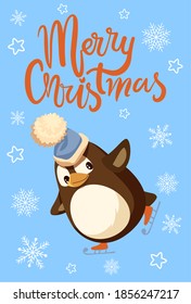 Merry Christmas penguin wearing fluffy hat poster with greeting vector. Snowflakes and starry ornaments, skating animal with smooth feathers hobby