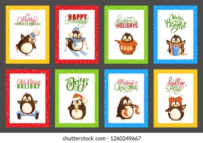 Merry Christmas penguin wearing knitted sweater with pine tree print vector. Hobby skating and skiing, presents and gifts with bows, ribbons decor