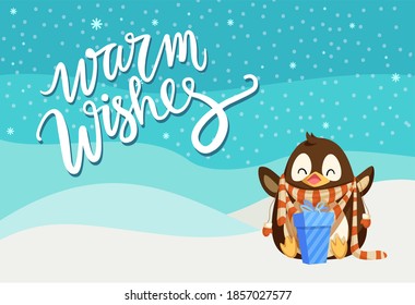 Merry Christmas penguin wearing knitted scarf vector. Poster with greeting, animal happy of present in box, giftbox decorated in wrapping paper and bow