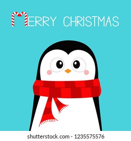 Merry Christmas. Penguin wearing red scarf. Happy New Year. Cute cartoon kawaii baby character. Hello winter. Arctic animal. Flat design. Blue background. Vector illustration