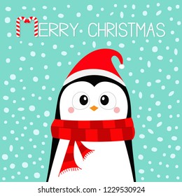 Merry Christmas. Penguin wearing Santa Claus red hat and scarf. Happy New Year. Cute cartoon kawaii baby character. Arctic animal. Flat design. Hello winter. Blue snow background. Vector illustration