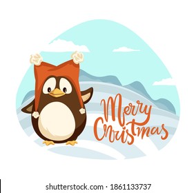 Merry Christmas penguin wearing warm hat winter holiday vector. Landscape with hills covered by snow, snowy weather character wildlife scenery, wintertime