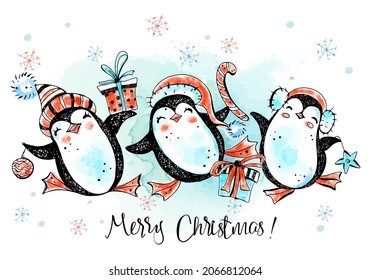 Merry Christmas penguins are dancing. New Year's card. Watercolor graphics. Vector