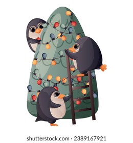 Сute merry christmas penguins decorate xmas tree with garland. Happy penguin mascot celebrate new year. Сharacter bird for xmas greeting gift tag, card, postcard. Winter is coming, warm wishes.