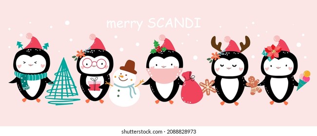 Merry Christmas penguins with gifts and a snowman. Vector cartoon illustration. New year card for children in doodle style