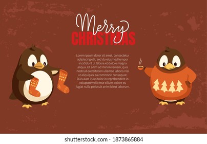 Merry Christmas penguins in warm clothes text poster vector. Bird with smooth feathers holding socks and sweater with pine tree evergreen fir prints