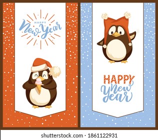 Merry Christmas penguins wearing warm clothes vector. Animal in Santa Claus cap eating ice cream dessert happy to taste creamy treatment, snowing