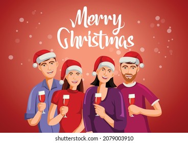 Merry Christmas people enjoy with party poster. couples holding wine glasses. Vector illustration design.