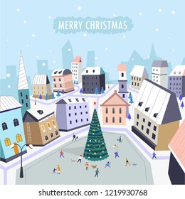 Merry Christmas people walking along main square with pine tree decorated with garlands. Winter holidays in december, city buildings and citizens with pet dogs vector. New years eve approaching