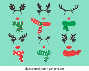Merry Christmas Photo Booth Props, Fun Party printable masks, nose, deer, north pole sign. Vector illustration.