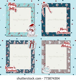 A Merry Christmas photograph frames set scrapbook design image, gift item with text, snowman, Christmas tree, bobble hat, cake, decorated scrapbook, photo book, celebration, season greeting.