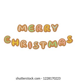 Merry Christmas phrase with cartoon gingerbread cookies in form of letters. Vector illustration 