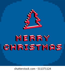 Merry Christmas phrase created in digital technology style, vector 8 bit Christmas tree. Celebration theme pixel art inscription.