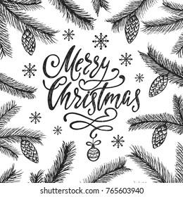 Merry Christmas phrase. Holiday lettering design with hand drawn spruce branches. Modern brush calligraphy. Vector illustration isolated on white background.