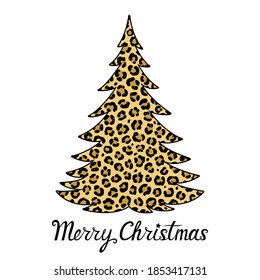 Merry Christmas phrase with leopard tree print. Vector holiday card. Animal decorative ornament. Hand lettering. Illustration. Isolated on white background. For printing on T-shirts, bags, banners.