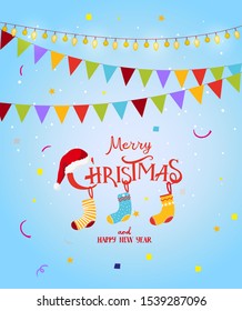 Merry Christmas. Phrase on a blue winter background. New Year card decorated with flags, garlands, confetti. Gift socks, santa hat. Flat cartoon vector.