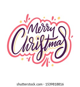 Merry Christmas phrase script lettering holiday. Vector art text in pink frame isolated on white background