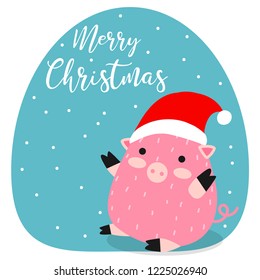 Merry Christmas. Pig. 2019. New Year. Bright background. Congratulation. Flashlights Bokeh. For printing on cards. For your design.