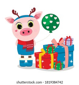 Merry Christmas. Pig girl with balloon. New Year greeting card, gift, holiday. Perfect for greeting cards, party invitations, posters, stickers, pin, scrapbooking, icons.