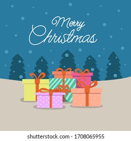 Merry Christmas. A pile of colorful wrapped gift boxes. Gifts in front of the Christmas tree. Vector flat illustration.