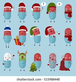 Merry Christmas pills. Happy pills and tablets on a blue background, medication with emotion and eyes, smile, happiness. Vector image