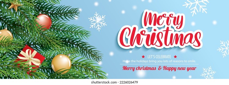 Merry christmas with pine fir lush tree for flyer and brochure design background template. Happy holiday greeting banner and card template.