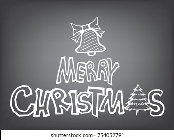 Merry Christmas with pine tree and bell. Lettering design in doodle style for Holiday and Happy New Year.