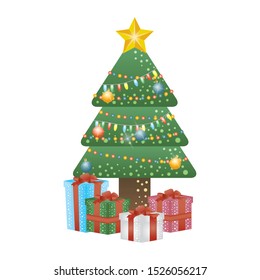 merry christmas pine tree with colors lights and gifts vector illustration design